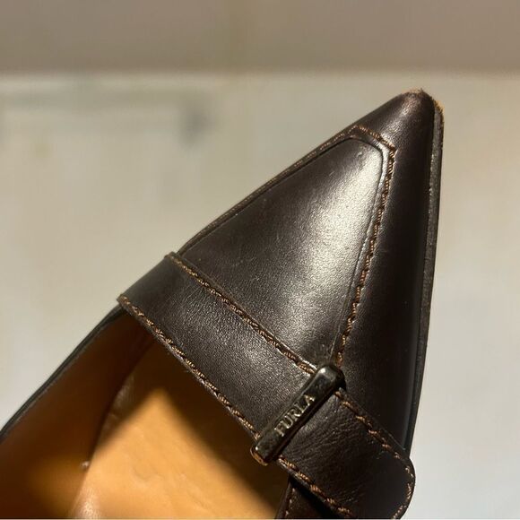 Furla Leather Dark Chocolate Brown Pointed Toe Loafer Kitten Heels, size 37 - Picture 11 of 11